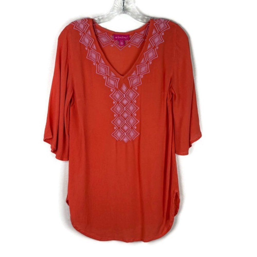 Lilly Pulitzer x Target Embroidered 3/4 Sleeve V-neck Blouse in Orange/Pink